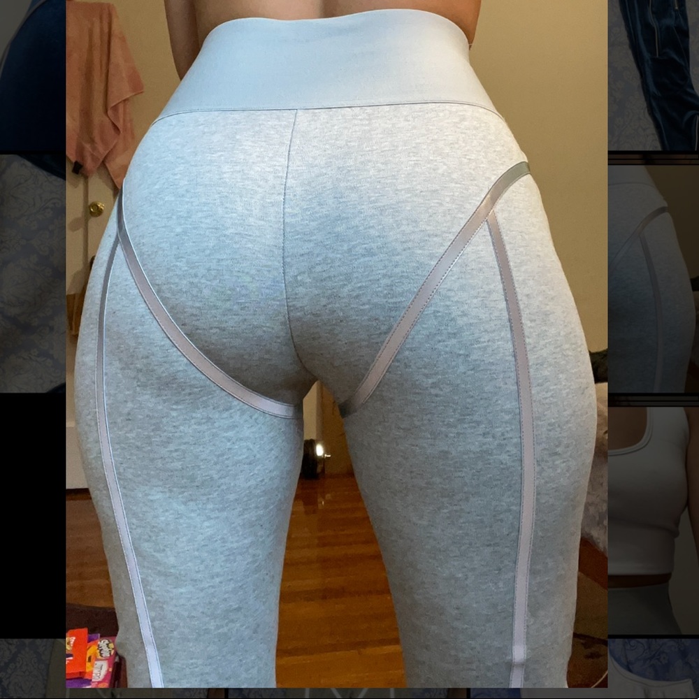 Grey high waist structured leggings with reflective piping.